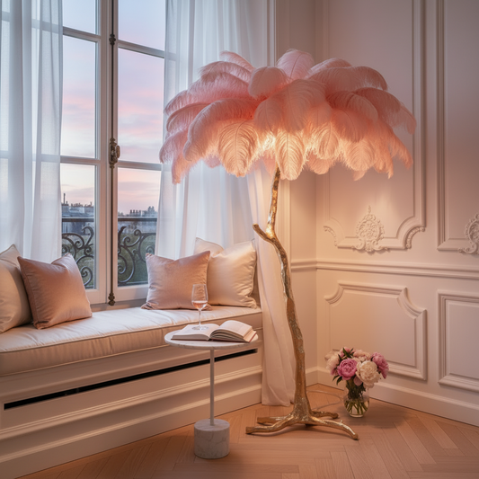 Ostrich Feather Floor Lamp: Organic Luxury Sculpture of Natural Plumage