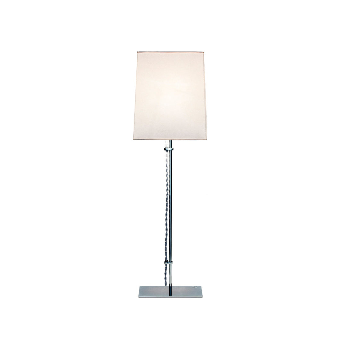 Acier II Table Lamp with a tall chrome stem and white shade