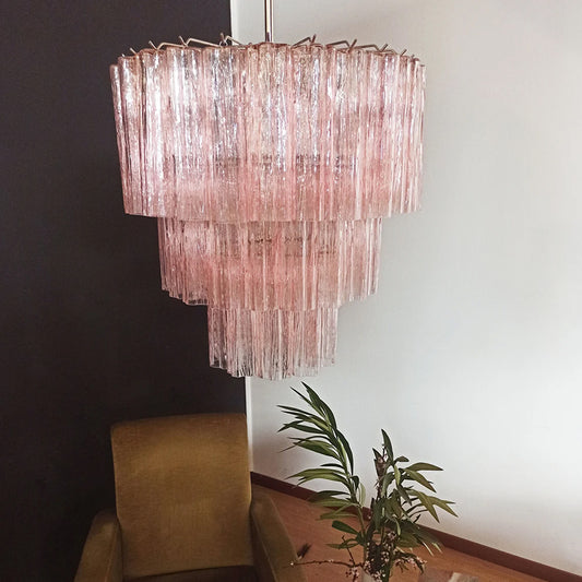Three-tier Murano pink glass tube chandelier